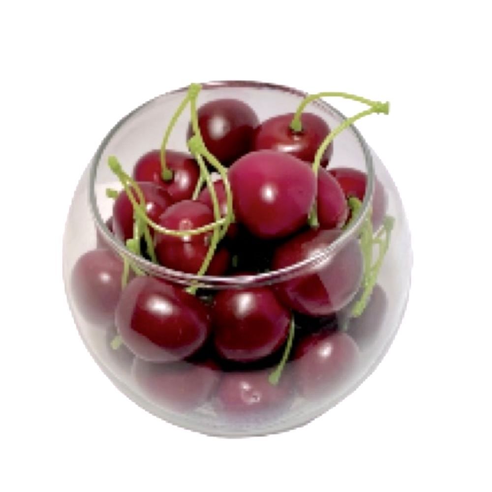 BOWL of CHERRIES Green Stems Glass Bowl Centerpiece Fruit Decor Rim 4.5 in